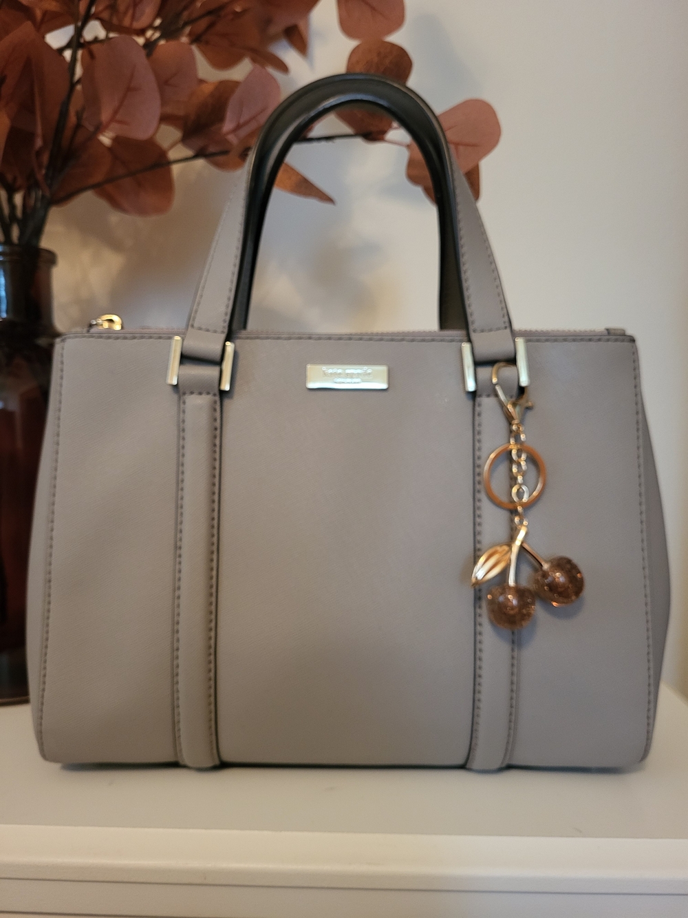 Kate Spade Taupe Leather Purse W Cherry Charm